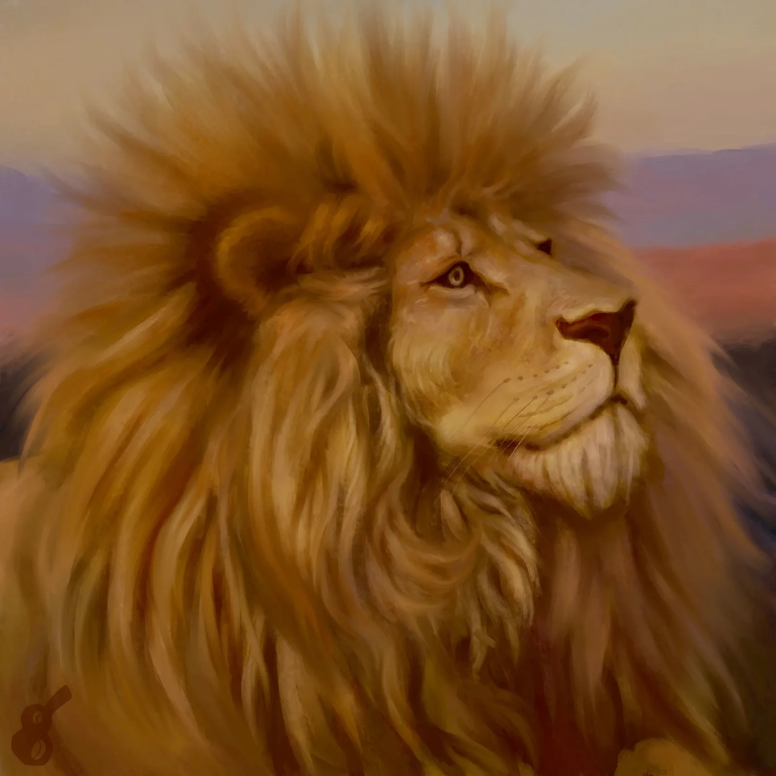 Painting by Gabriel Valles: Painted lion portrait with a windswept mane