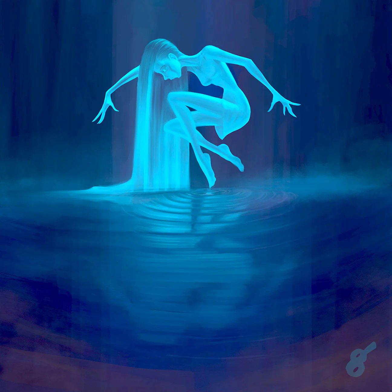 Painting by Gabriel Valles: Glowing blue water spirit dancing above a pool