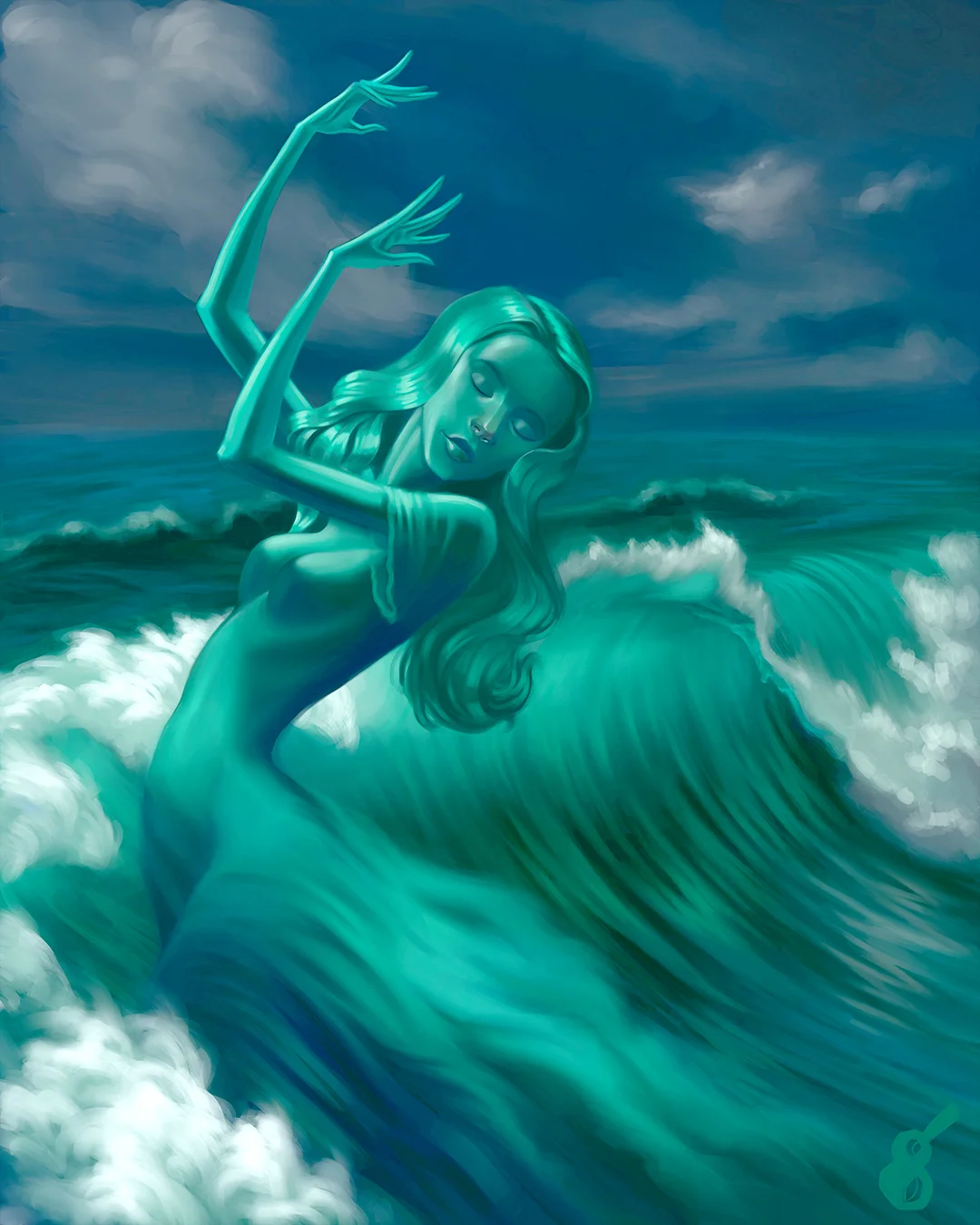 Painting by Gabriel Valles: Figure rising out of a teal ocean wave